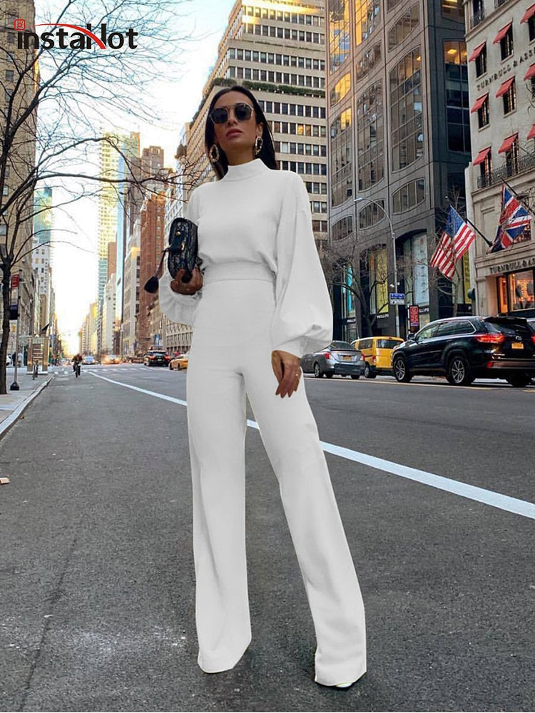 InstaHot Puff Elegant Overalls For Women Puff Long Sleeve Flare Pants Spring Office Ladies Sets Casual Fashion Female Jumpsuits
